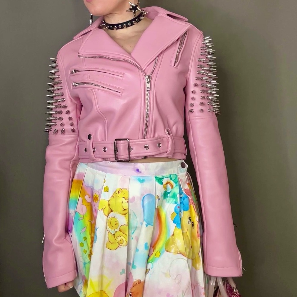 Killstar Disharmony Spike Studded Pink Vegan Leather Moto Jacket - Picture 8 of 13